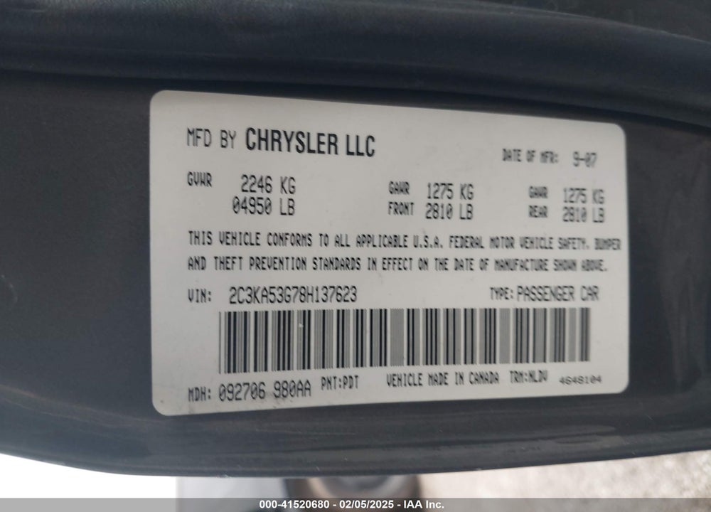 2008 CHRYSLER 300 VIN: 2C3KA53G78H137623