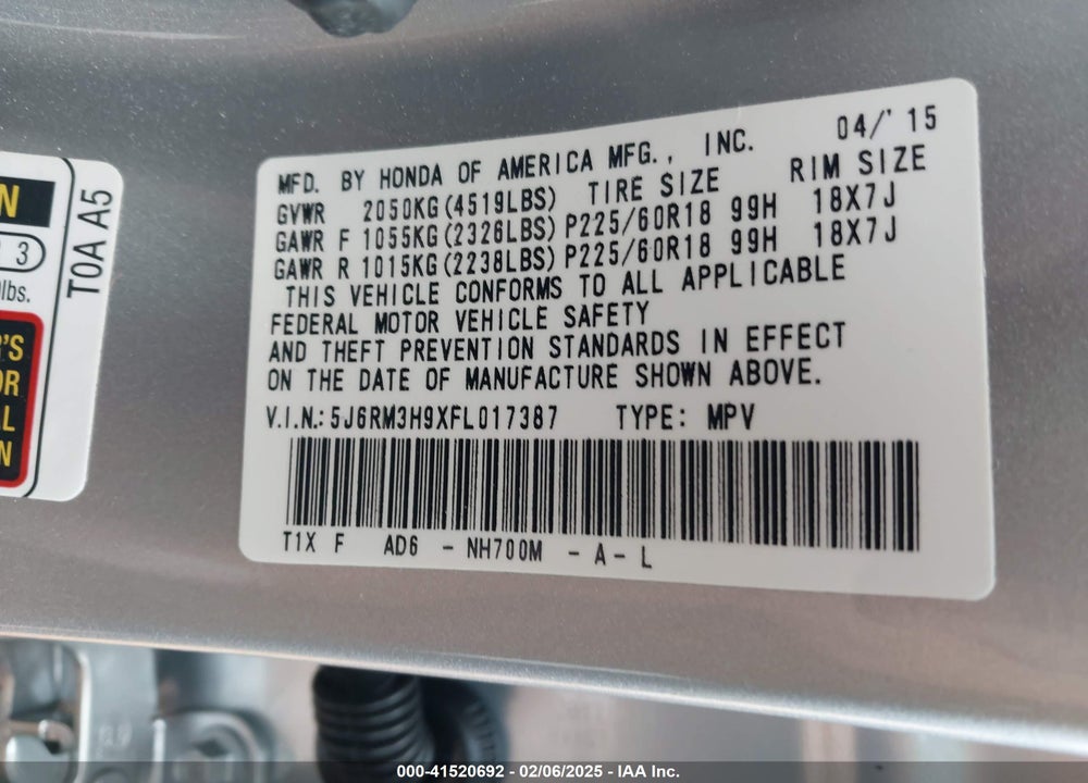 2015 HONDA CR-V TOURING VIN: 5J6RM3H9XFL017387