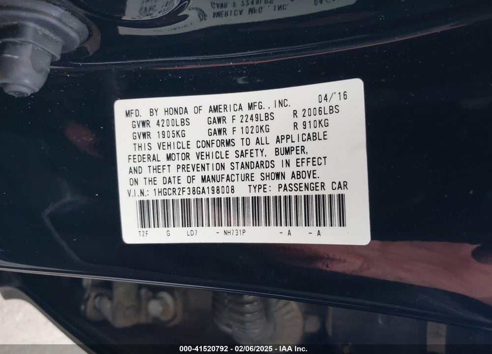 2016 HONDA ACCORD VIN: 1HGCR2F38GA198008