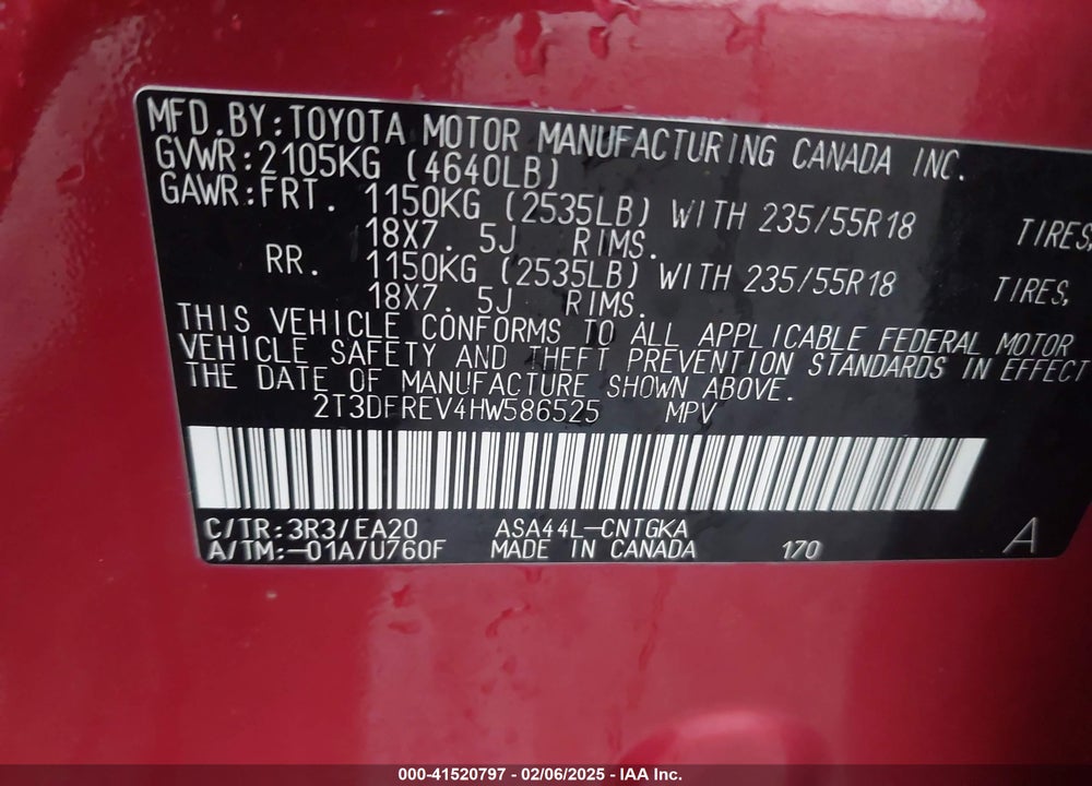 2017 TOYOTA RAV4 LIMITED VIN: 2T3DFREV4HW586525