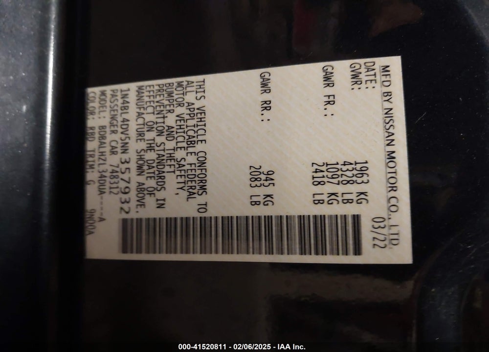 2022 NISSAN ALTIMA VIN: 1N4BL4DV5NN357932