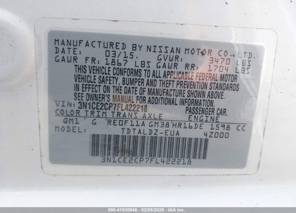 2015 NISSAN VERSA NOTE VIN: 3N1CE2CP7FL422218