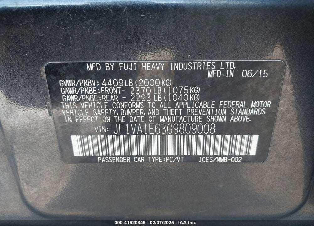 2016 SUBARU WRX PREMIUM VIN: JF1VA1E63G9809008