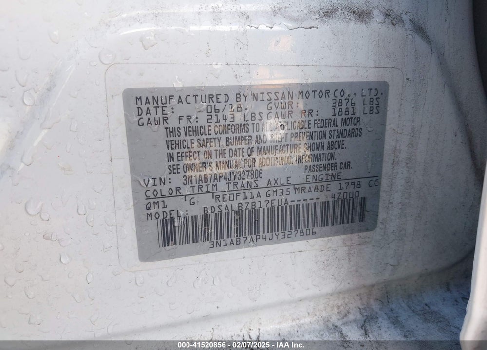 2018 NISSAN SENTRA VIN: 3N1AB7AP4JY327806