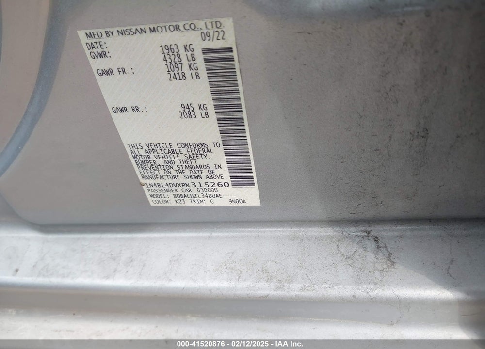 2023 NISSAN ALTIMA VIN: 1N4BL4DVXPN315260
