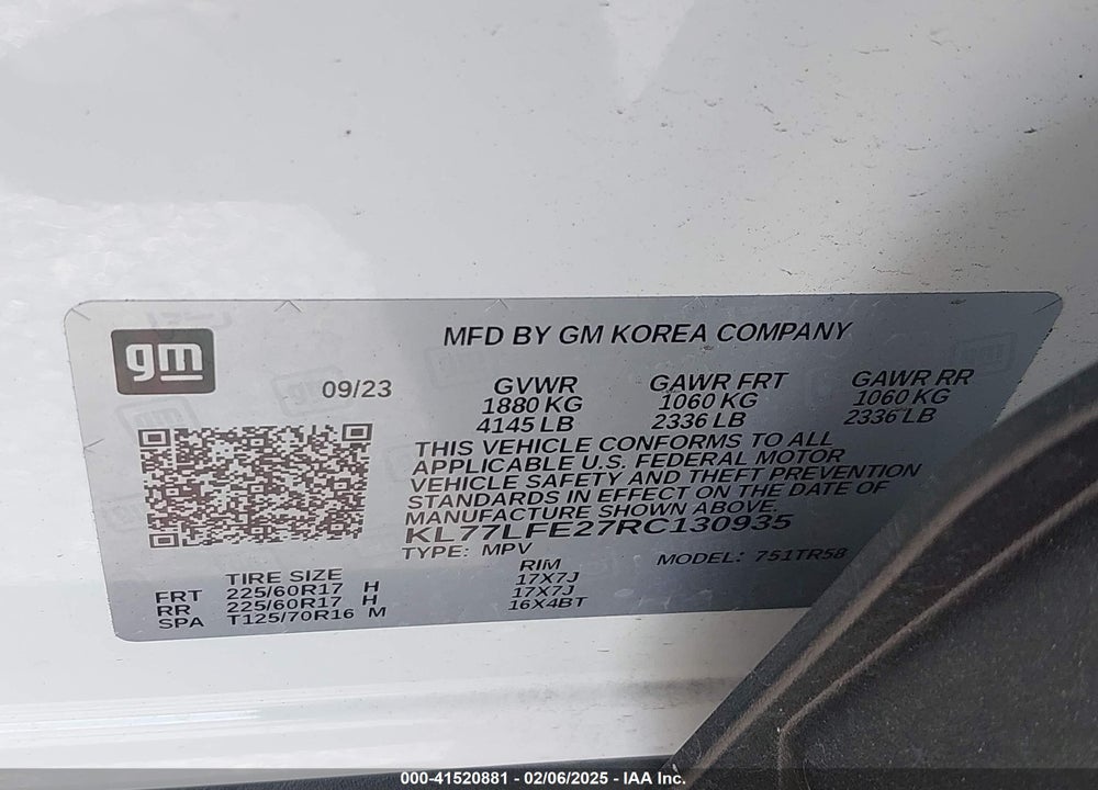 2024 CHEVROLET TRAX FWD SP VIN: KL77LFE27RC130935