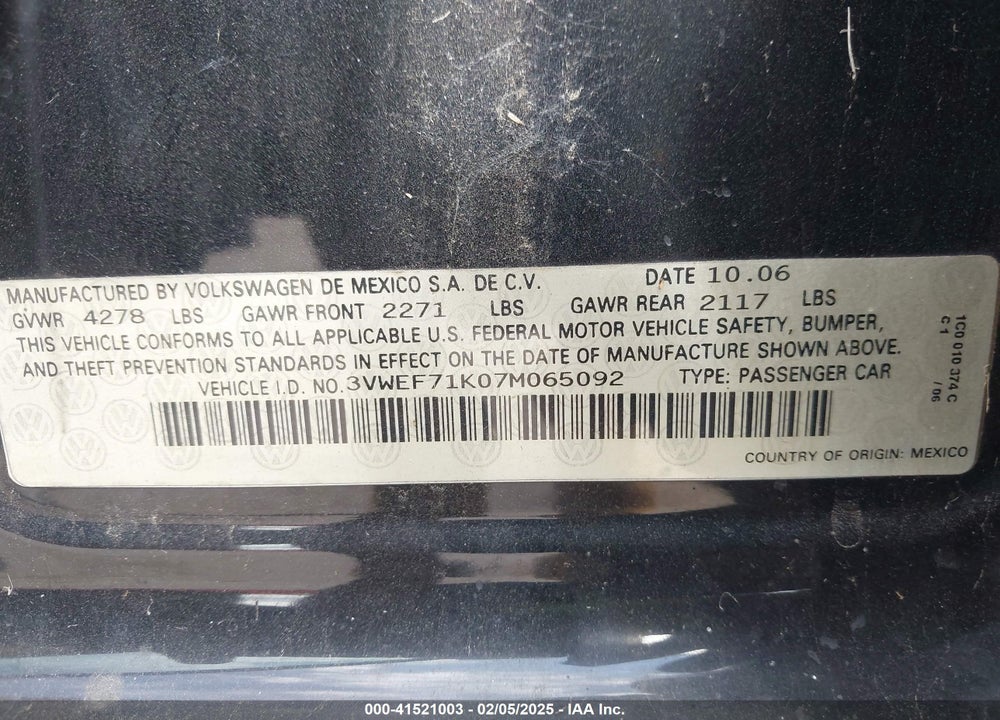 2007 VOLKSWAGEN JETTA VIN: 3VWEF71K07M065092