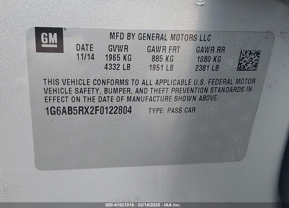 2015 CADILLAC ATS VIN: 1G6AB5RX2F0122804