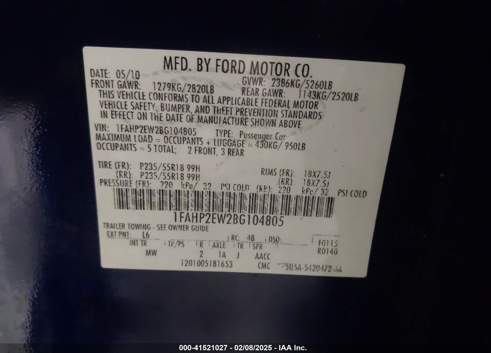 2011 FORD TAURUS VIN: 1FAHP2EW2EG104805