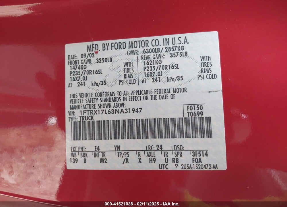 2003 FORD F-150 LARIAT/XL/XLT VIN: 1FTRX17L63NA31947