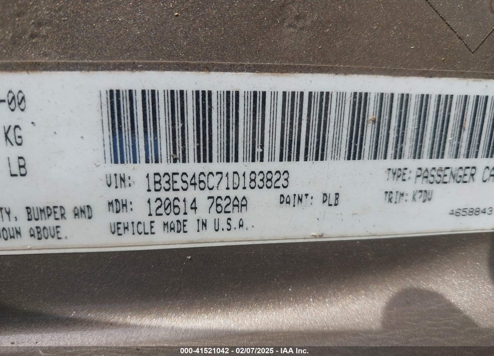 2001 DODGE NEON SE VIN: 1B3ES46C71D183823