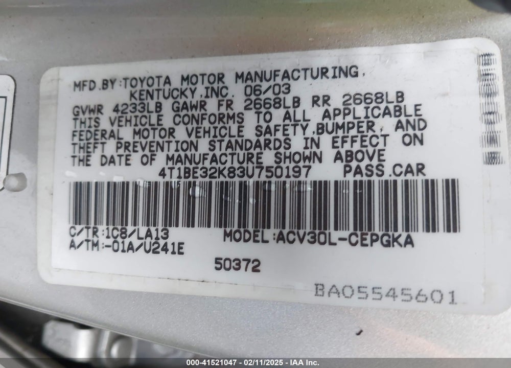 2003 TOYOTA CAMRY XLE VIN: 4T1BE32K83U750197