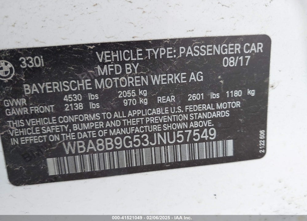 2018 BMW 3 SERIES VIN: WBA8B9G53JNU57549