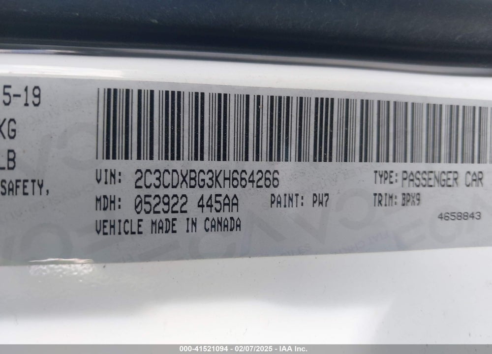 2019 DODGE CHARGER VIN: 2C3CDXBG3KH664266
