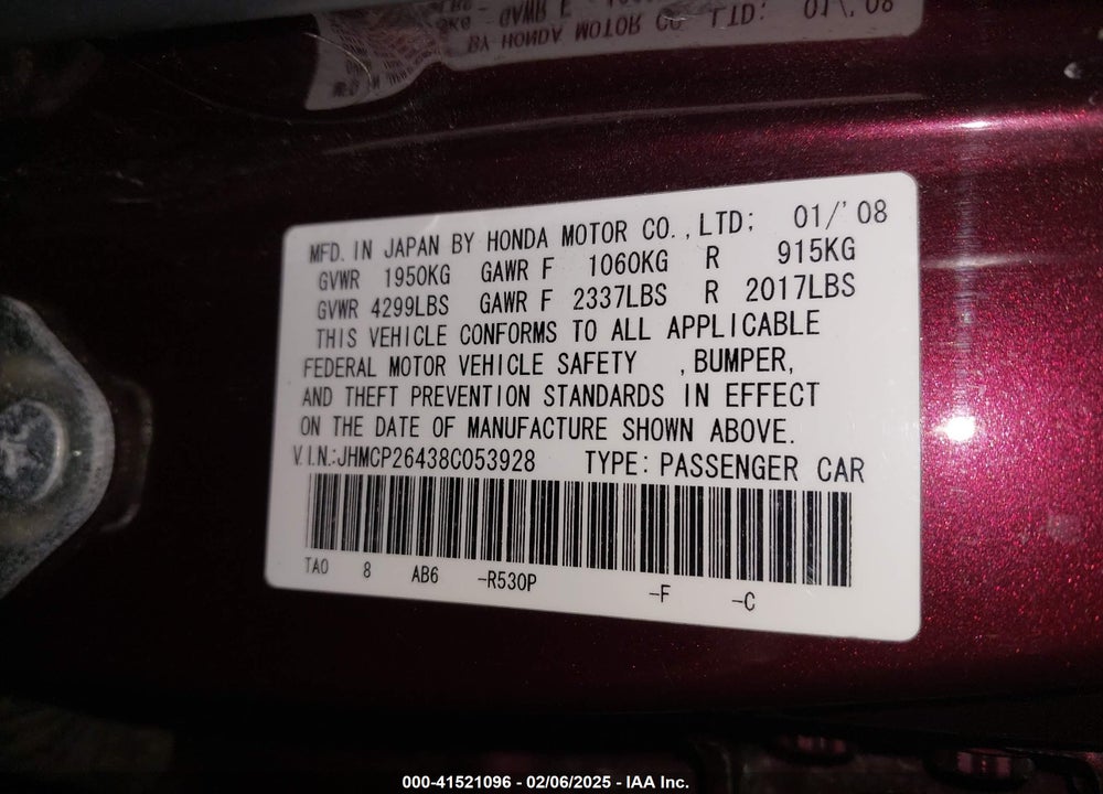 2008 HONDA ACCORD 2.4 LX-P VIN: JHMCP26438C053928