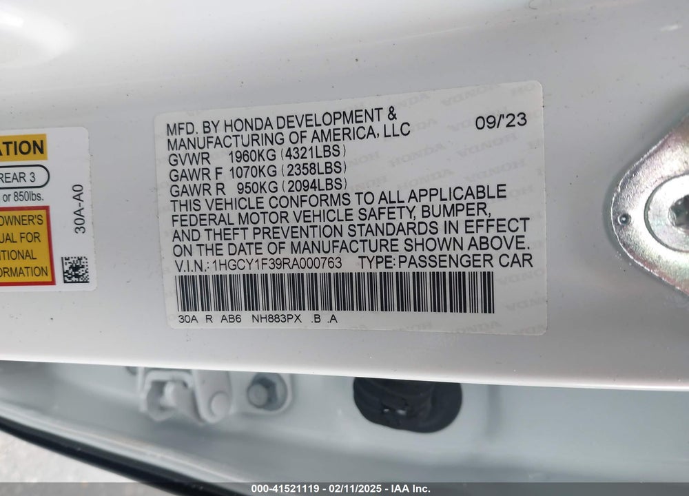 2024 HONDA ACCORD EX VIN: 1HGCY1F39RA000763