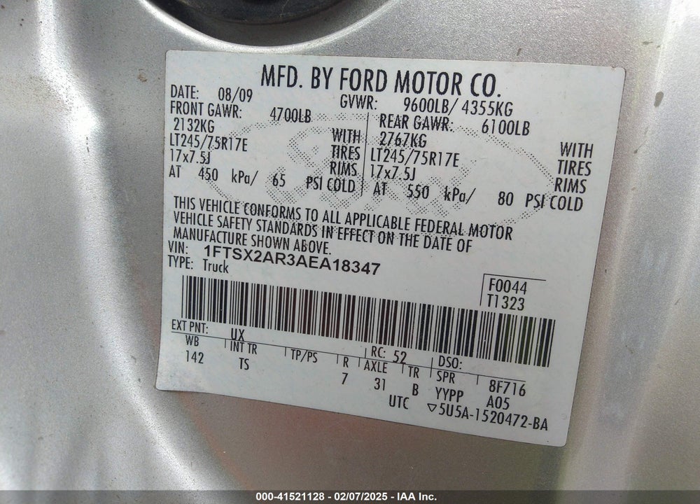 2010 FORD F250 VIN: 1FTSX2AR3AEA18347