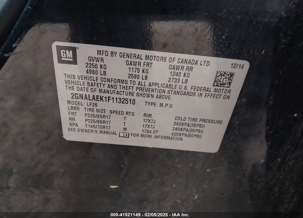 2015 CHEVROLET EQUINOX LS VIN: 2GNALAEK1F1132510