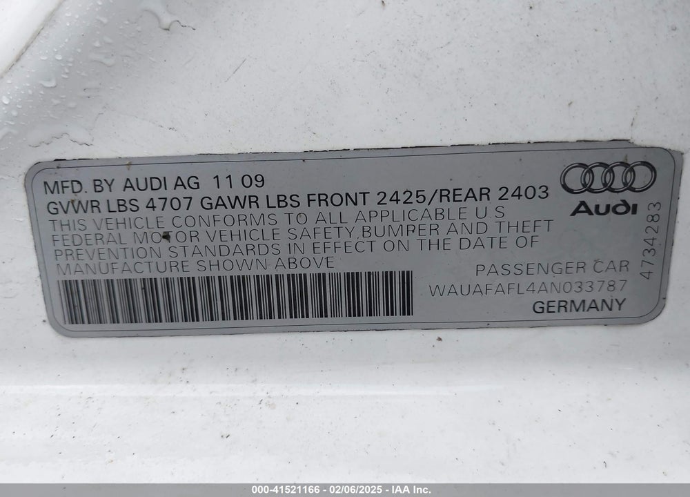 2010 AUDI A4 2.0T PREMIUM VIN: WAUAFAFL4AN033787