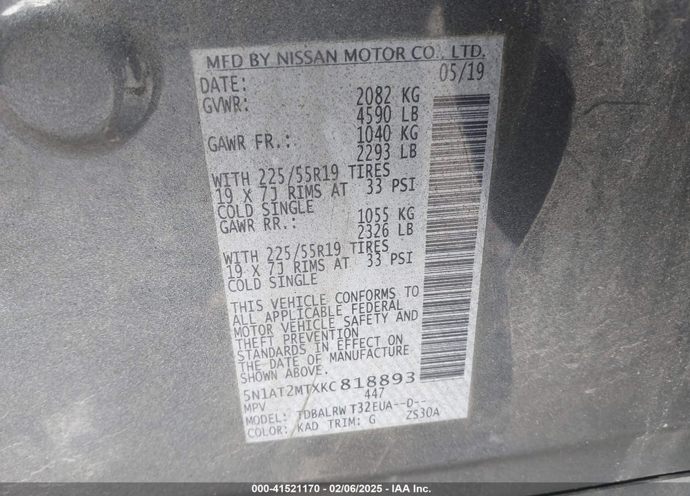 2019 NISSAN ROGUE SL VIN: 5N1AT2MTXKC818893