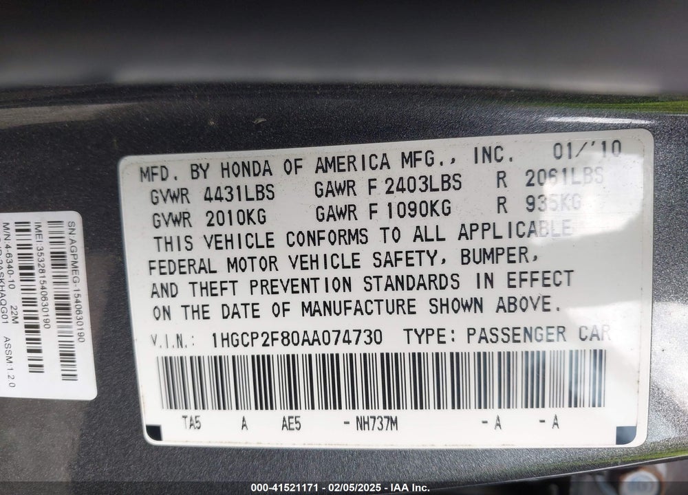 2010 HONDA ACCORD VIN: 1HGCP2F80AA074730