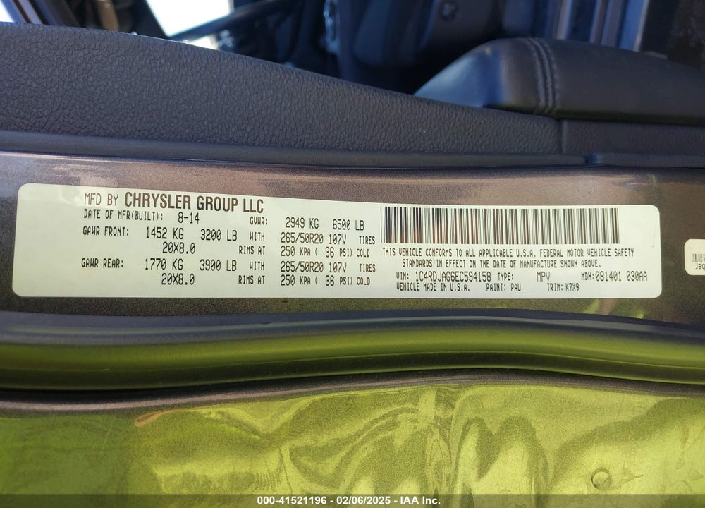 2014 DODGE DURANGO SXT VIN: 1C4RDJAG6EC594158