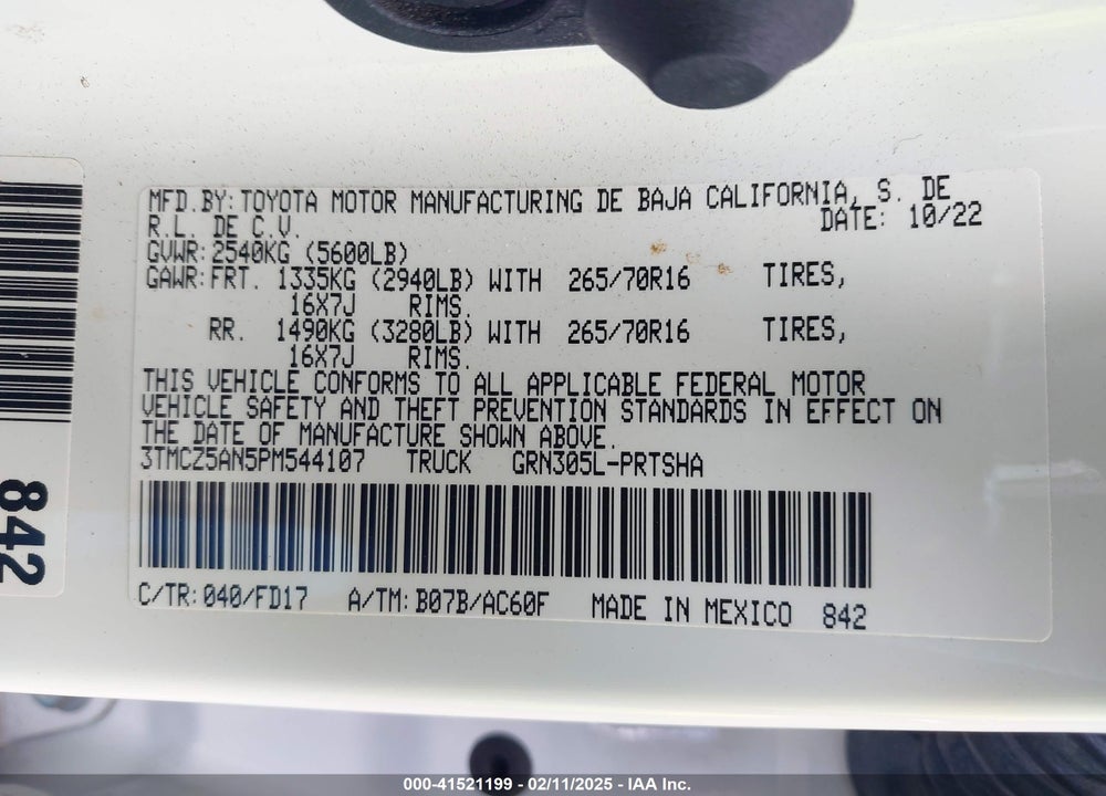 2023 TOYOTA TACOMA VIN: 3TMCZ5AN5PM544107