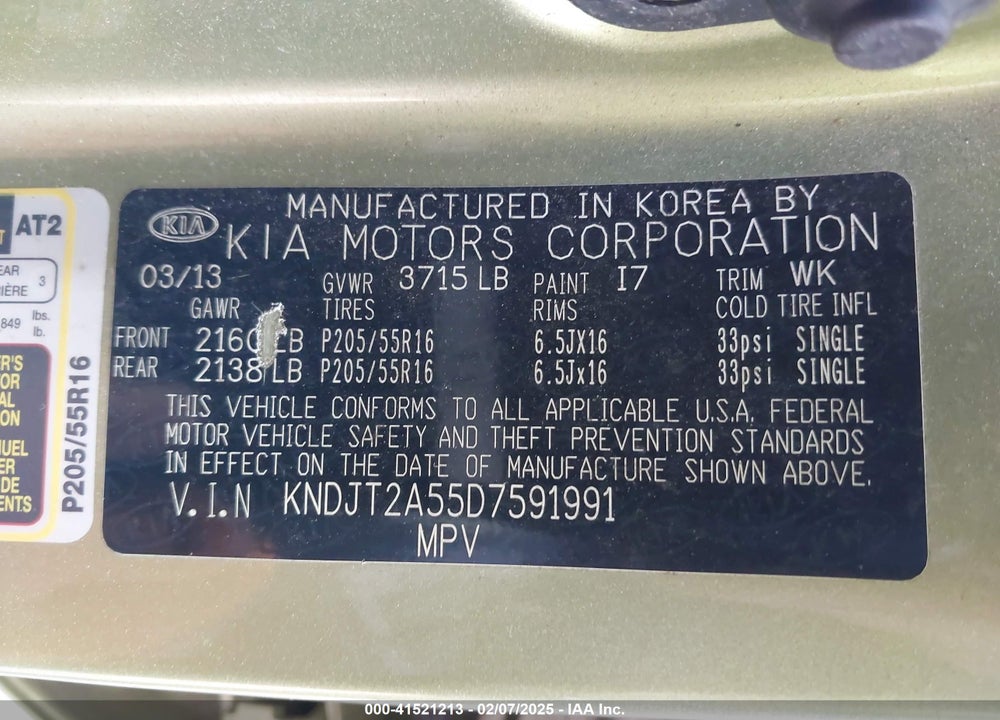 2013 KIA SOUL VIN: KNDJT2A55D7591991