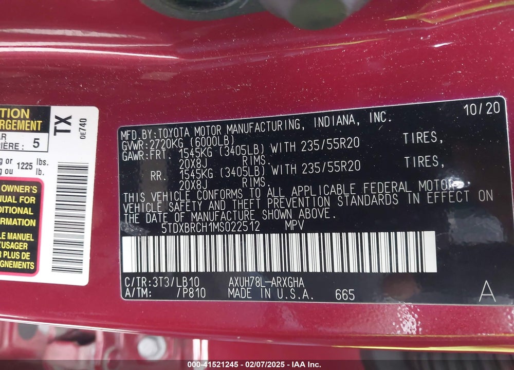 2021 TOYOTA HIGHLANDER HYBRID LIMITED VIN: 5TDXBRCH1MS022512