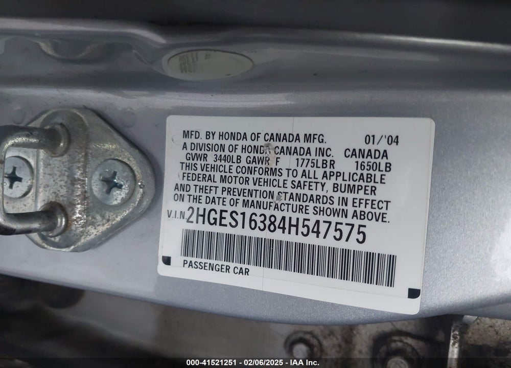 2004 HONDA CIVIC VP VIN: 2HGES16384H547575