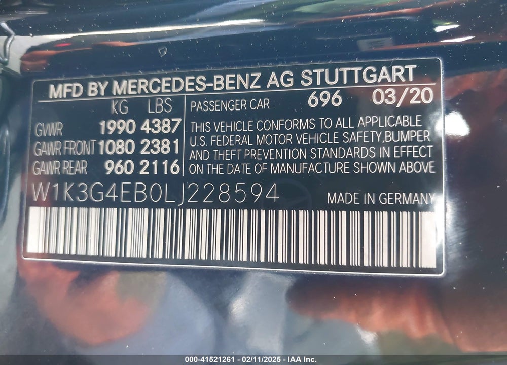 2020 MERCEDES-BENZ A 220 VIN: W1K3G4EB0LJ228594