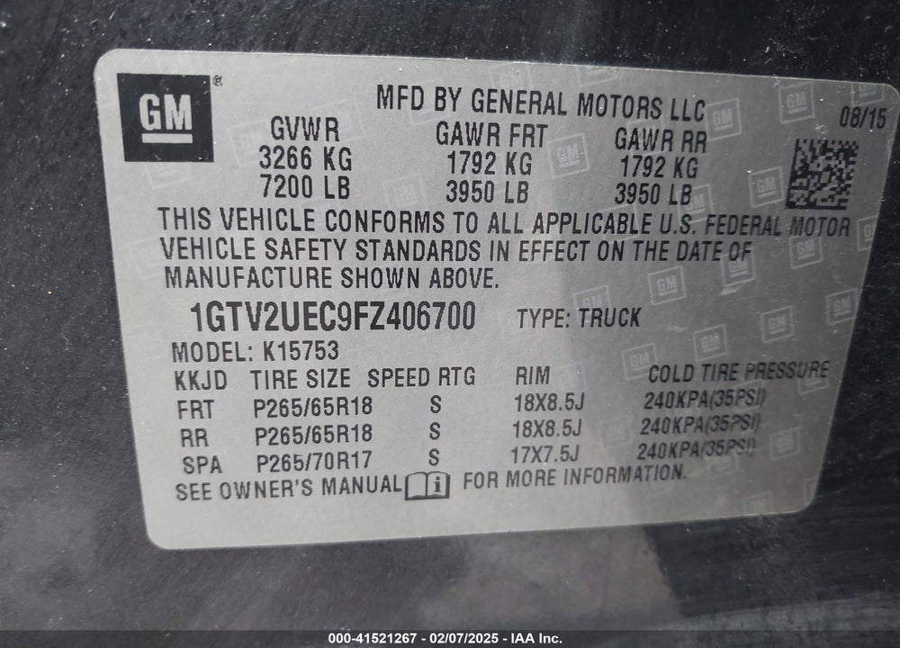 2015 GMC SIERRA 1500 VIN: 1GTV2UEC9FZ406700