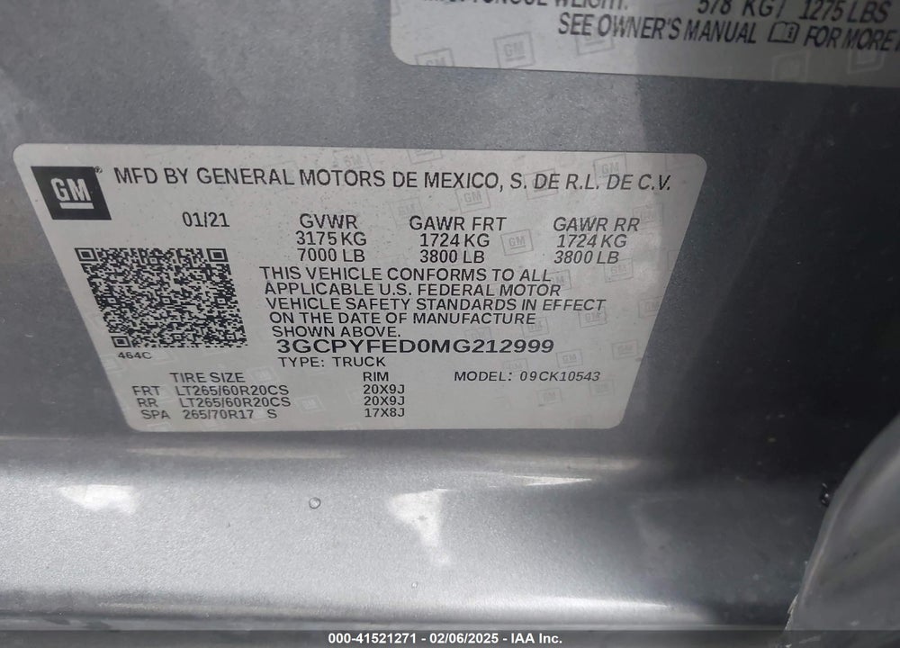2021 CHEVROLET SILVERADO 1500 VIN: 3GCPYFED0MG212999