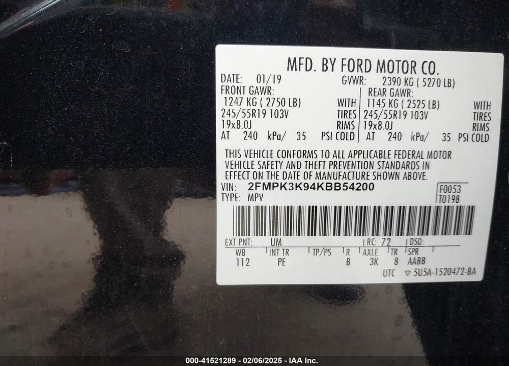 2019 FORD EDGE TITANIUM VIN: 2FMPK3K94KBB54200