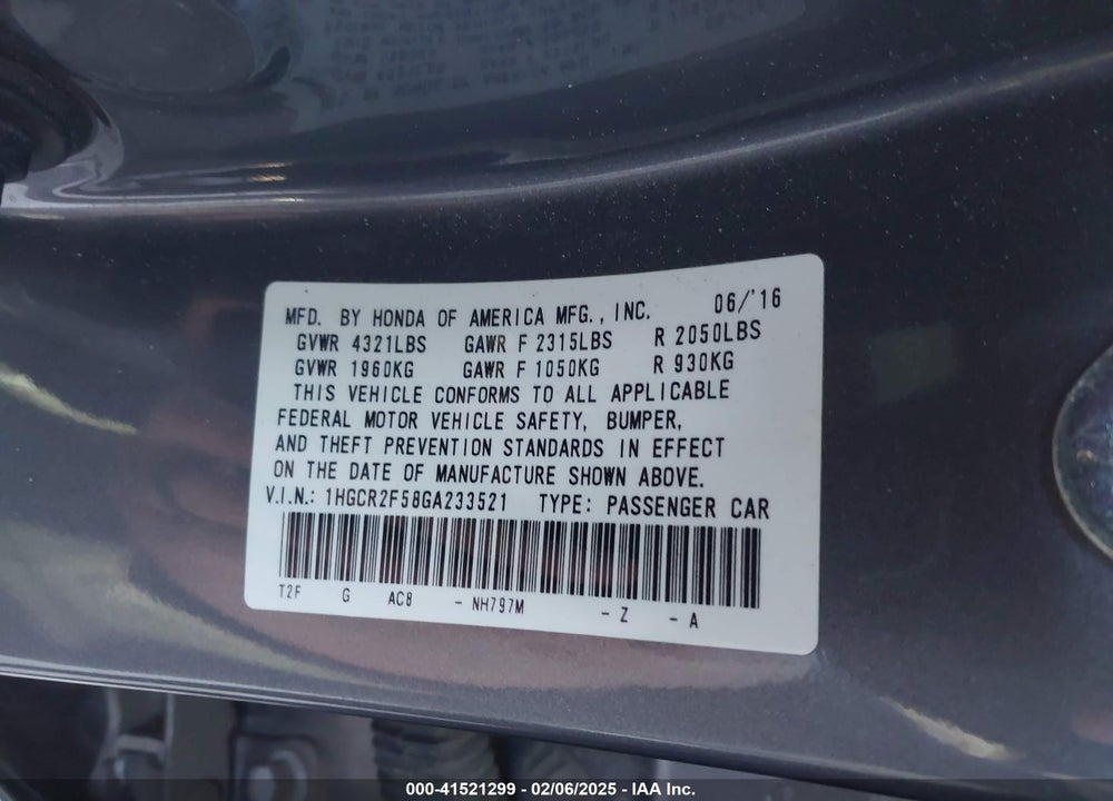 2016 HONDA ACCORD VIN: 1HGCR2F58GA233521