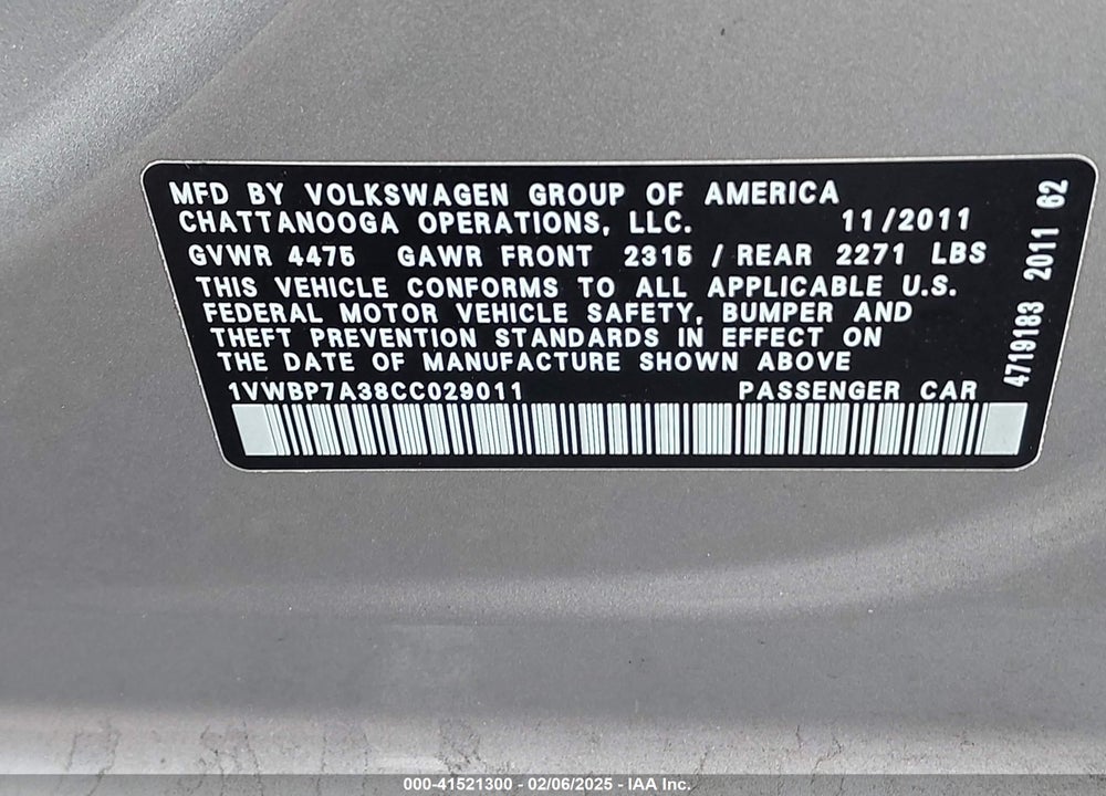 2012 VOLKSWAGEN PASSAT 2.5L SE VIN: 1VWBP7A38CC029011