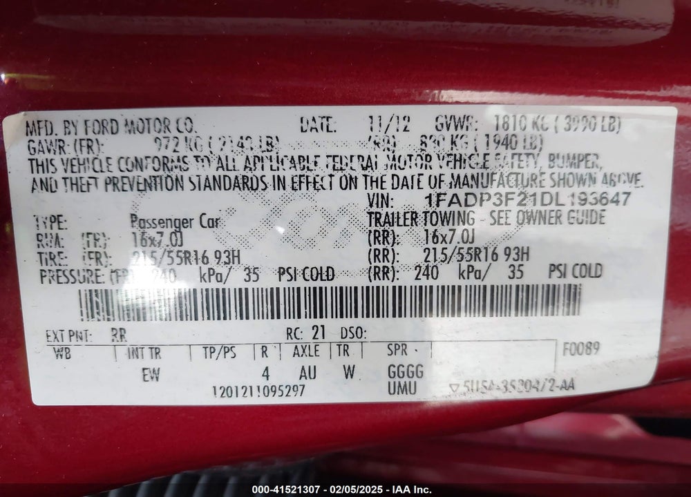 2013 FORD FOCUS VIN: 1FADP3F21DL193647