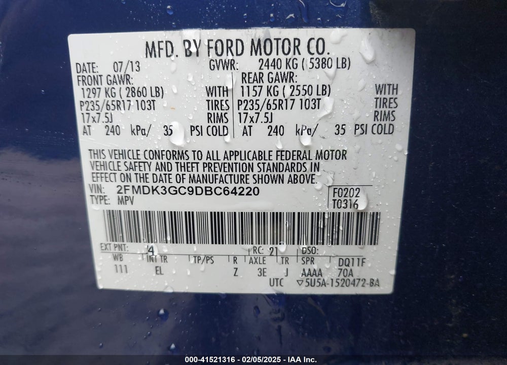 2013 FORD EDGE SE VIN: 2FMDK3GC9DBC64220