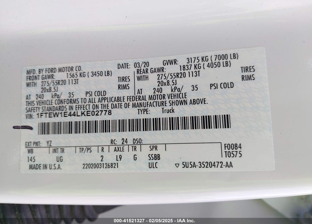 2020 FORD F-150 VIN: 1FTEW1E44LKE02778
