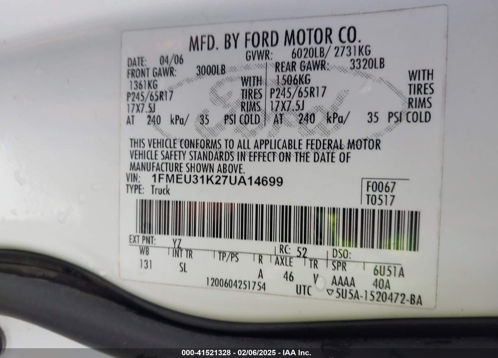 2007 FORD EXPLORER SPORT TRAC VIN: 1FMEU31K27UA14699