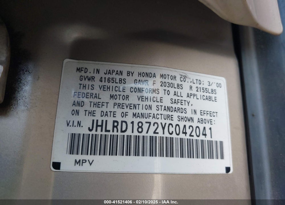 2000 HONDA CR-V SPECIAL EDITION VIN: JHLRD1872YC042041