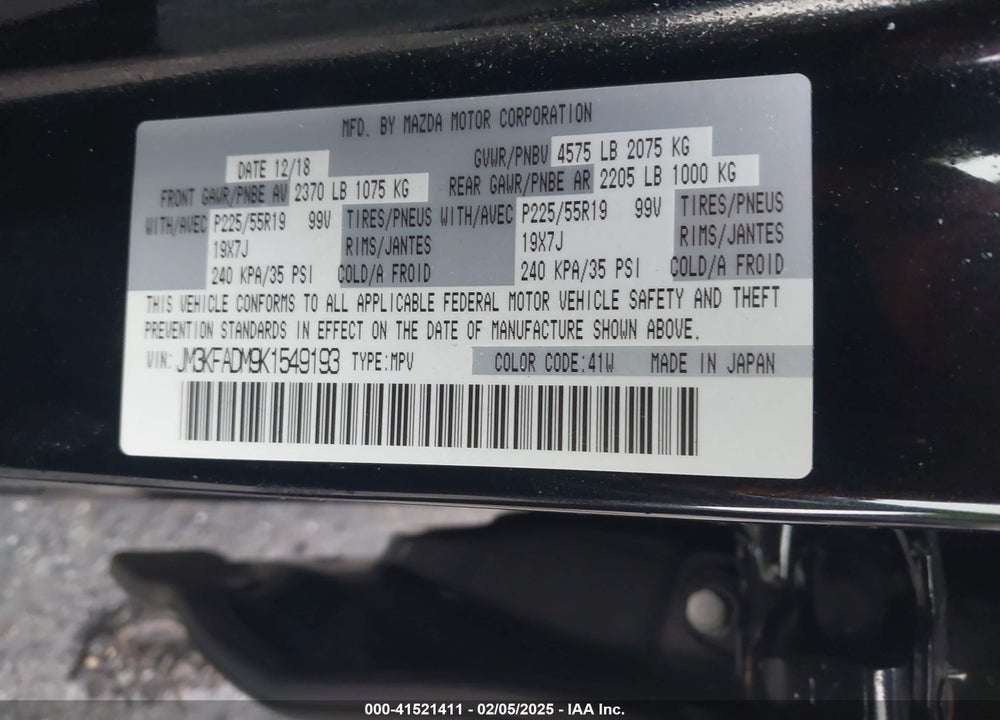 2019 MAZDA CX-5 GRAND TOURING VIN: JM3KFADM9K1549193