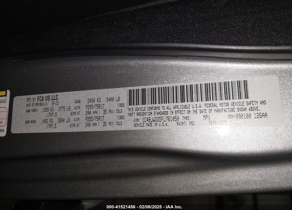 2015 JEEP WRANGLER UNLIMITED SPORT VIN: 1C4BJWDG5FL761050