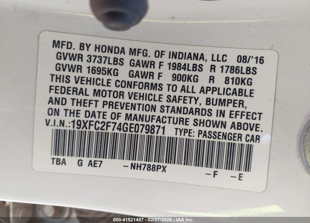 2016 HONDA CIVIC VIN: 19XFC2F74GE079871