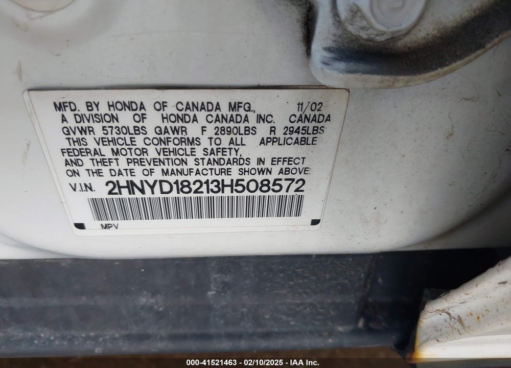 2003 ACURA MDX VIN: 2HNYD18213H508572
