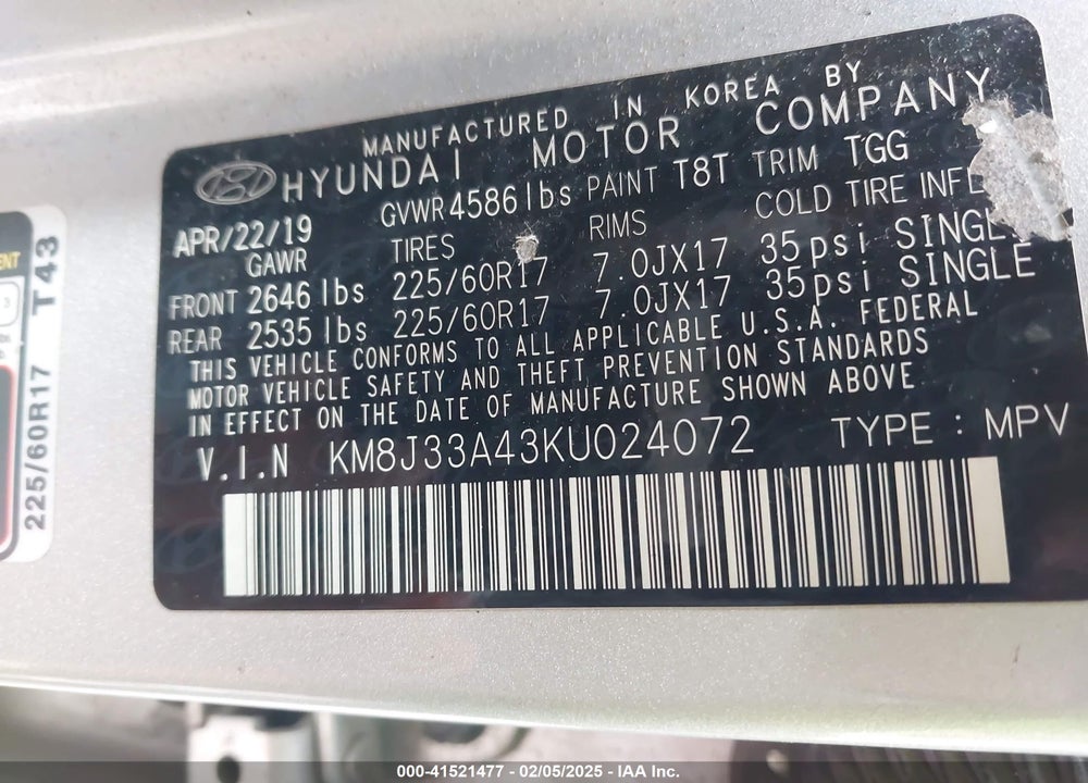 2019 HYUNDAI TUCSON VALUE VIN: KM8J33A43KU024072