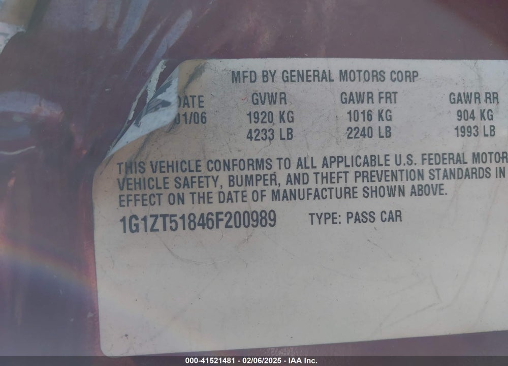 2006 CHEVROLET MALIBU VIN: 1G1ZT51846F200989