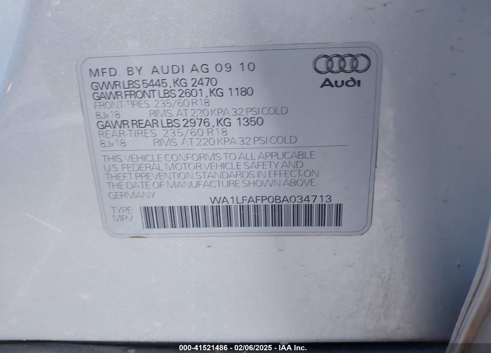 2011 AUDI Q5 2.0T PREMIUM VIN: WA1LFAFP0BA034713