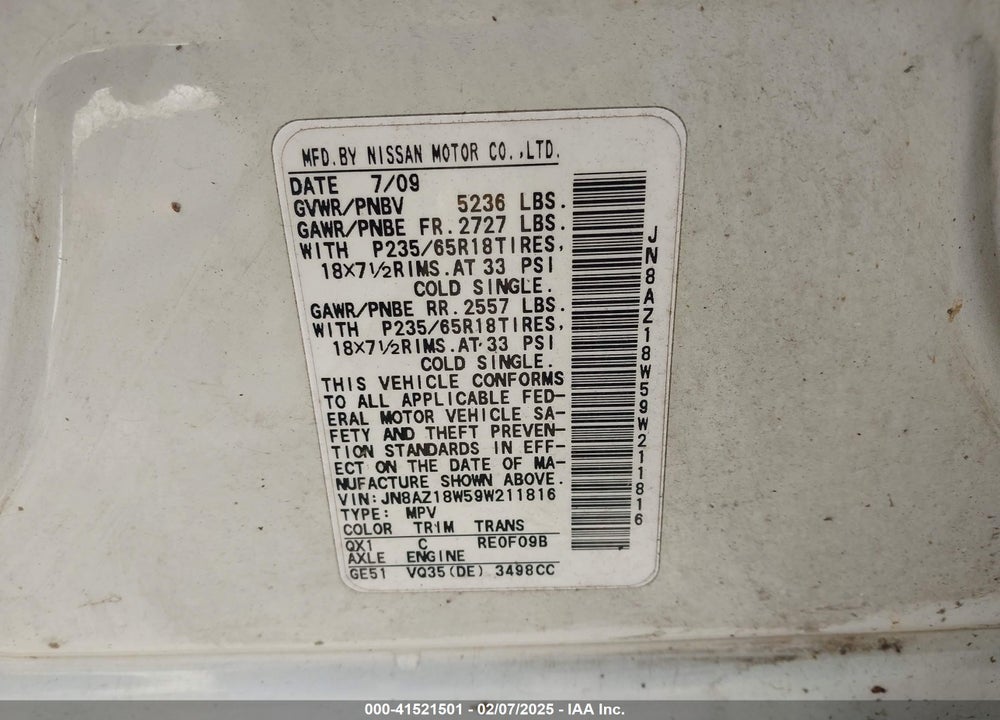 2009 NISSAN MURANO VIN: JN8AZ18W59W211816