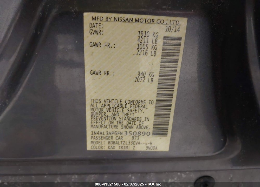 2015 NISSAN ALTIMA 2.5 SL VIN: 1N4AL3AP6FN350890
